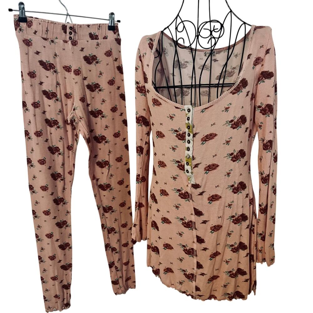 Intimately Free People Pink Rose Floral Waffle Knit Pajama Set Lounge Stretch